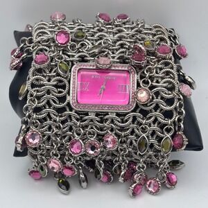 Betsey Johnson Watch Bracelet Pink Crystals Silver Tone Needs Battery